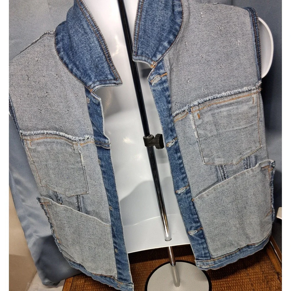 Denim & Co Womens Medium Wash Rhinestone Studded Denim Vest Blue Large L